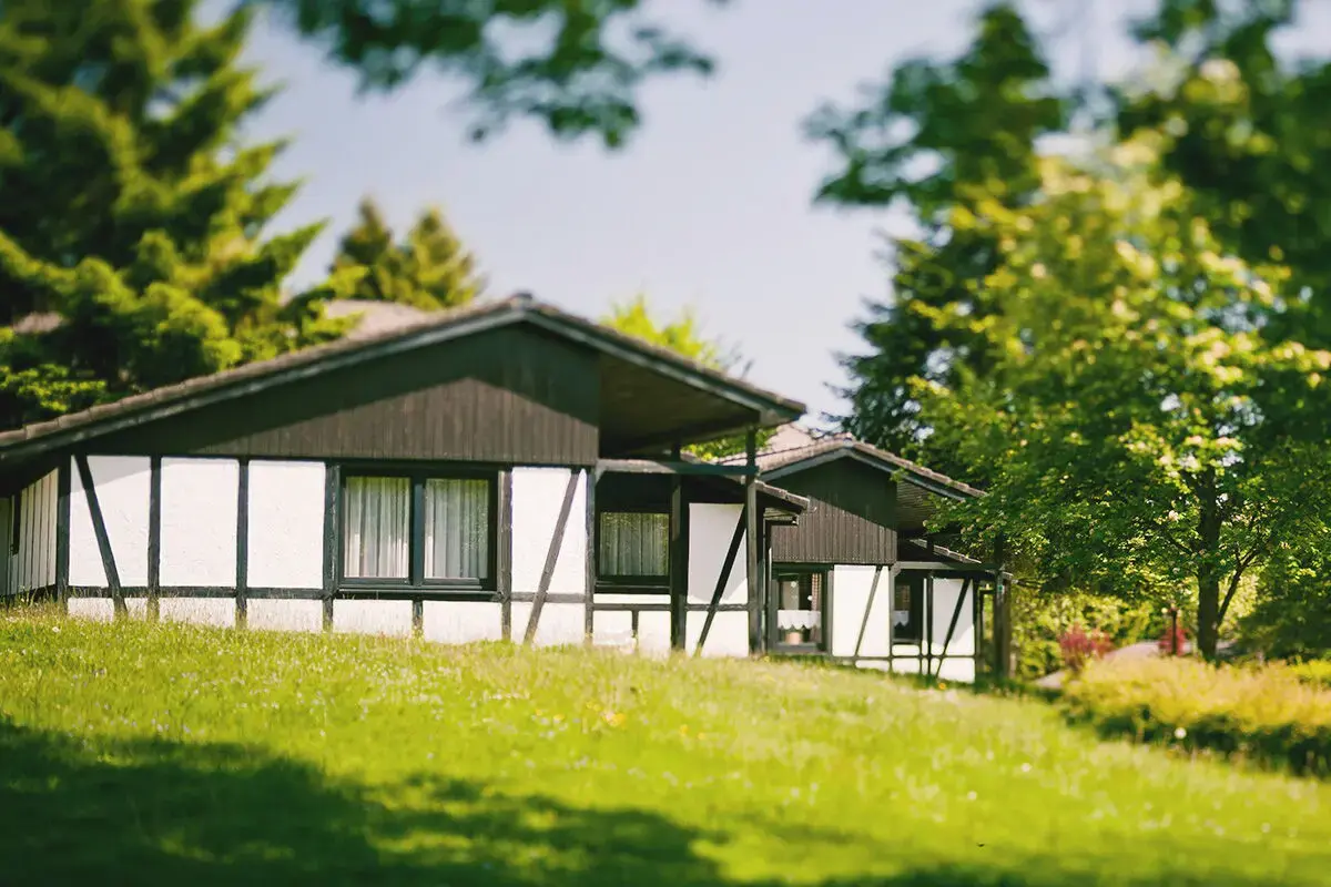 Blick über eine grüne Wiese hinweg auf zwei Ferienhäuser zwischen grünen Bäumen