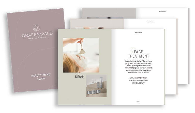 Darstellung Beauty Menü des Sporthotel Grafenwald Titelseite und Inhaltsseiten