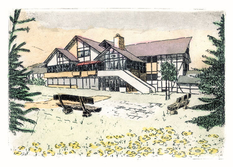 Radierung des Hauptgebäudes des Sporthotel Grafenwald in Daun